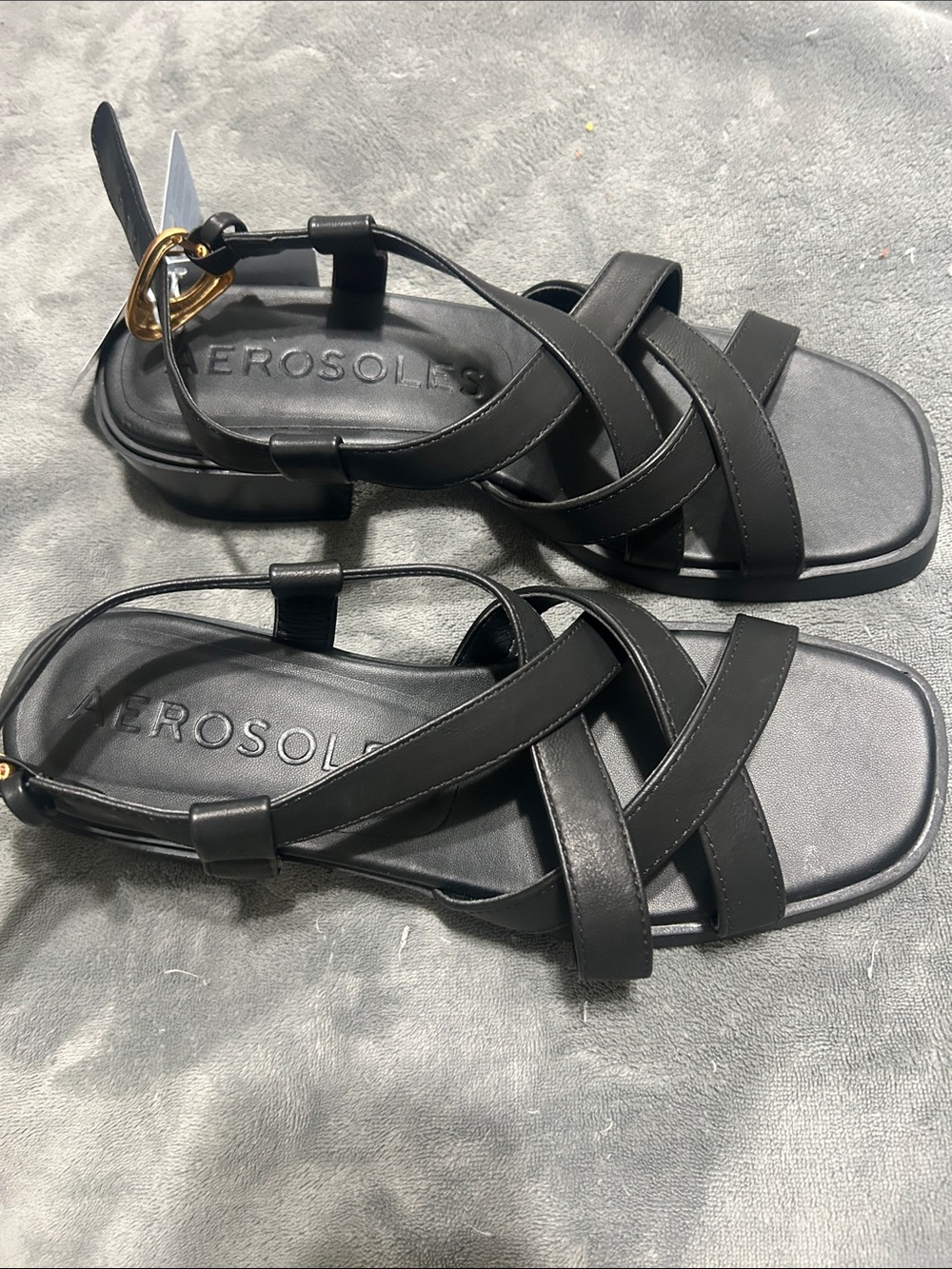 AEROSOLES  Ortholite Black Leather Crisscross Ankle Strap Sandals